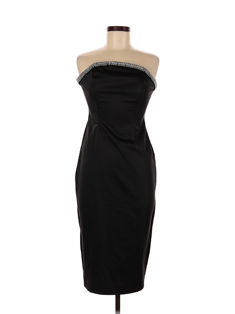 Ieena for MacDougal Strapless Black Midi Dress with Rhinestone Trim